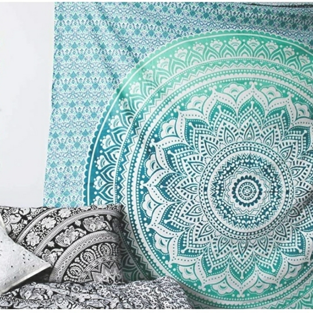 Teal Mandala Tapestry Wall Hanging Art - Picture 5 of 6